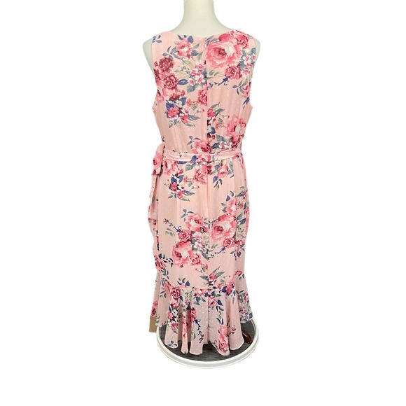 Eliza J Dress Women 18 Fits 14/16 Pink Floral Ruched Chiffon Faux Wrap Swiss Dot - Picture 4 of 15